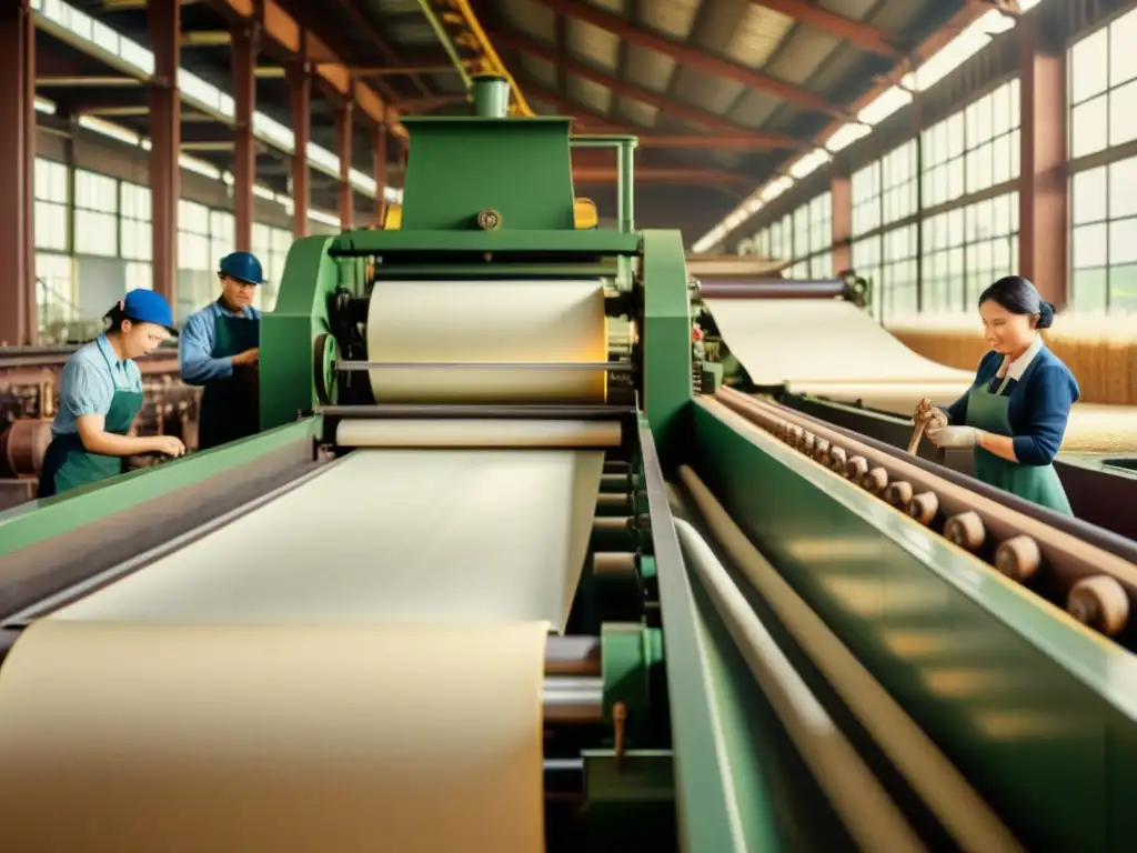 Imagen vintage de una fábrica de papel tradicional en funcionamiento, con trabajadores utilizando maquinaria histórica para producir papel