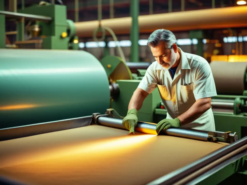 Una imagen vintage de una fábrica de papel con trabajadores operando maquinaria para producir papel reciclado premium