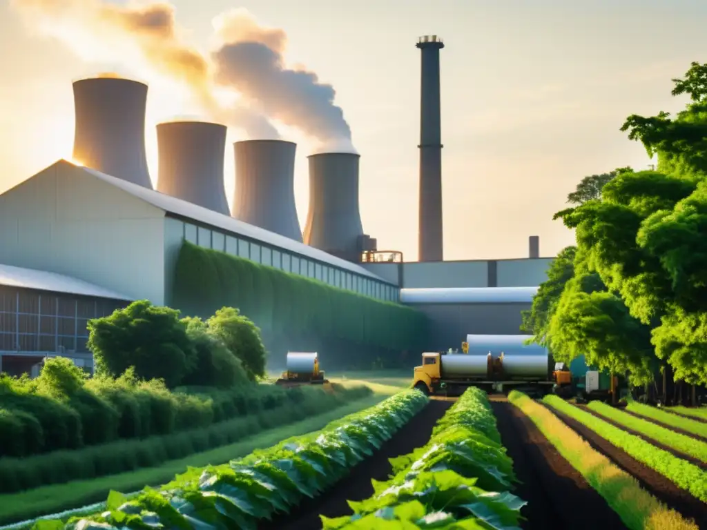 Imagen vintage de una fábrica de papel rodeada de exuberante vegetación, donde la tecnología se fusiona armoniosamente con la sostenibilidad