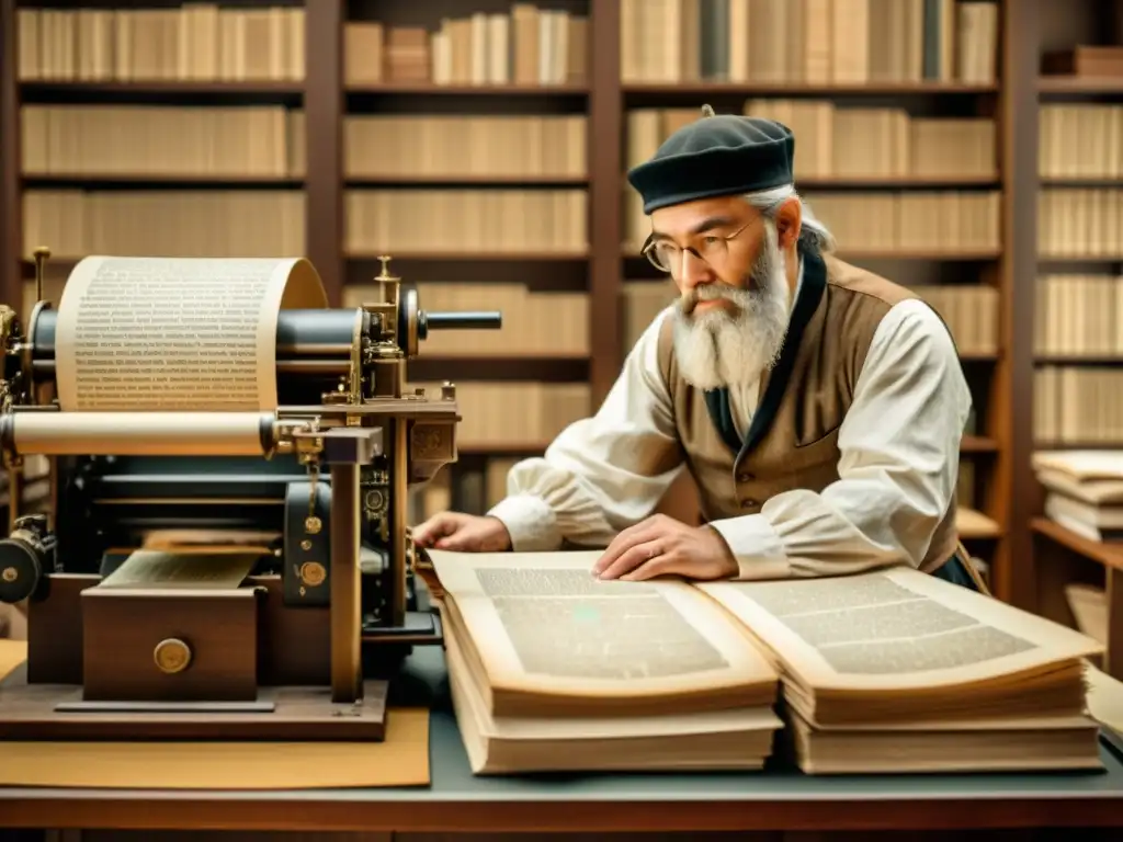 Imagen vintage de Gutenberg operando su prensa, rodeado de páginas impresas y manuscritos antiguos