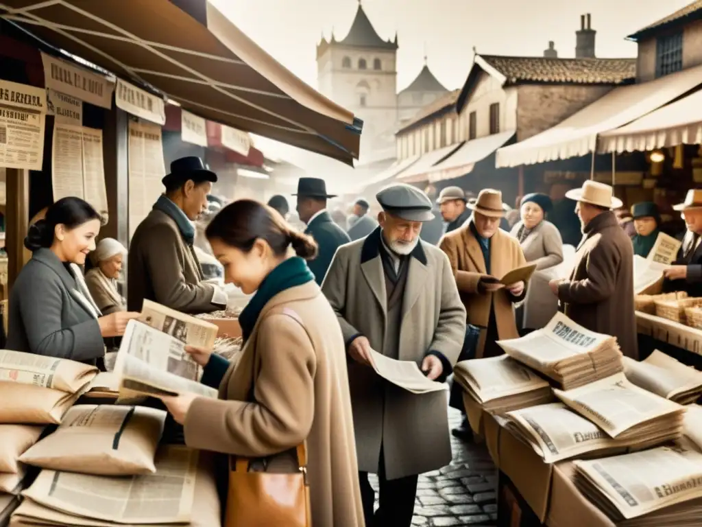 Imagen vintage de impacto cultural del papel: escena bulliciosa de mercado, gente leyendo y intercambiando periódicos y anuncios impresos