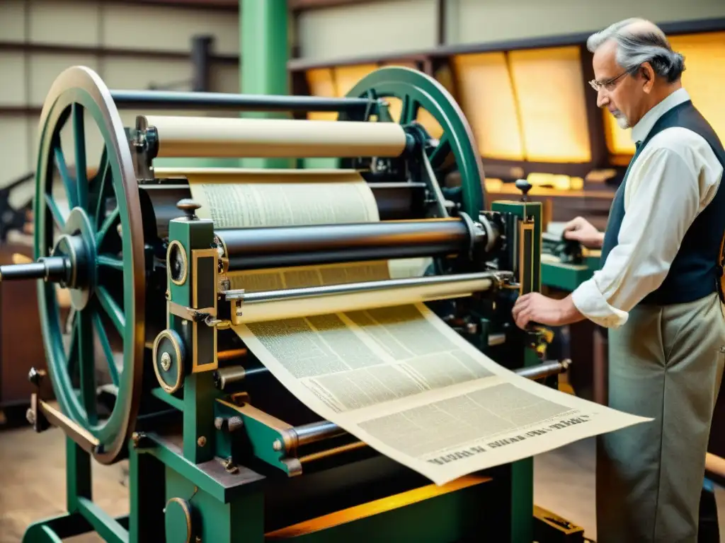 Imagen vintage de una imprenta histórica en acción, evocando la evolución del papel en la historia con detalles vibrantes y nostalgia