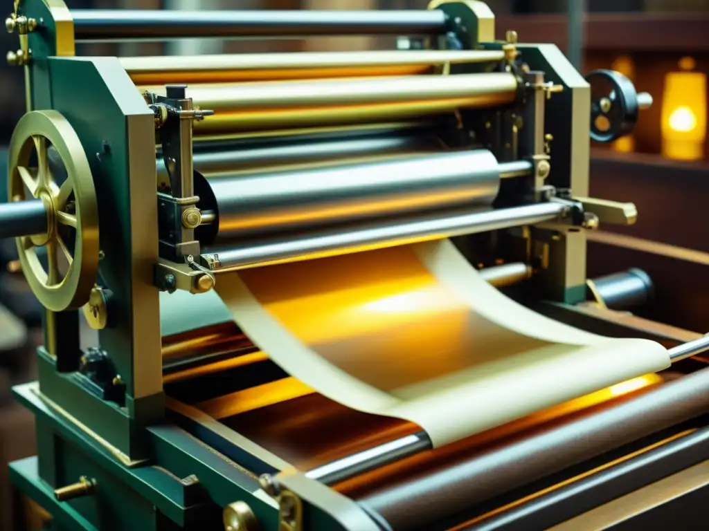 Imagen vintage de una imprenta en acción, con tonos cálidos y detalles precisos que capturan la artesanía atemporal y la conciencia ambiental