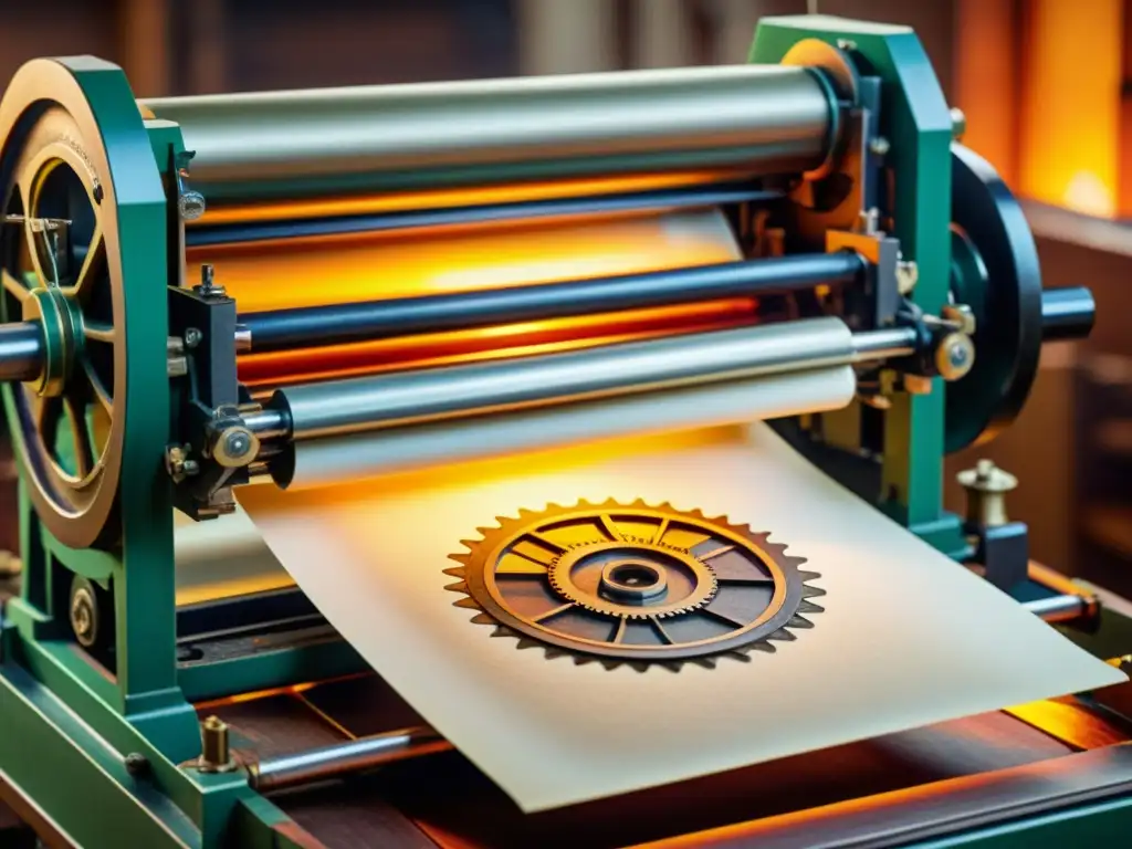 Una imagen vintage de una imprenta tradicional en acción, con detalles meticulosos y una cálida luz resaltando el proceso mecánico