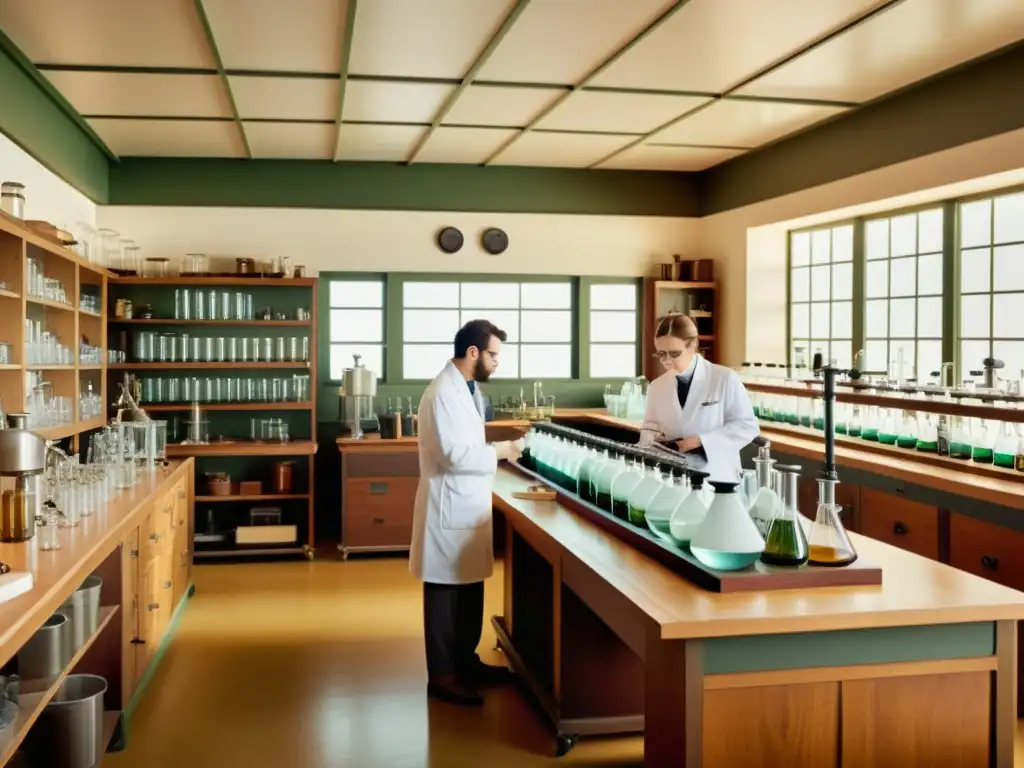 Imagen vintage de un laboratorio de investigación con científicos en batas blancas realizando experimentos en diversos materiales no madereros