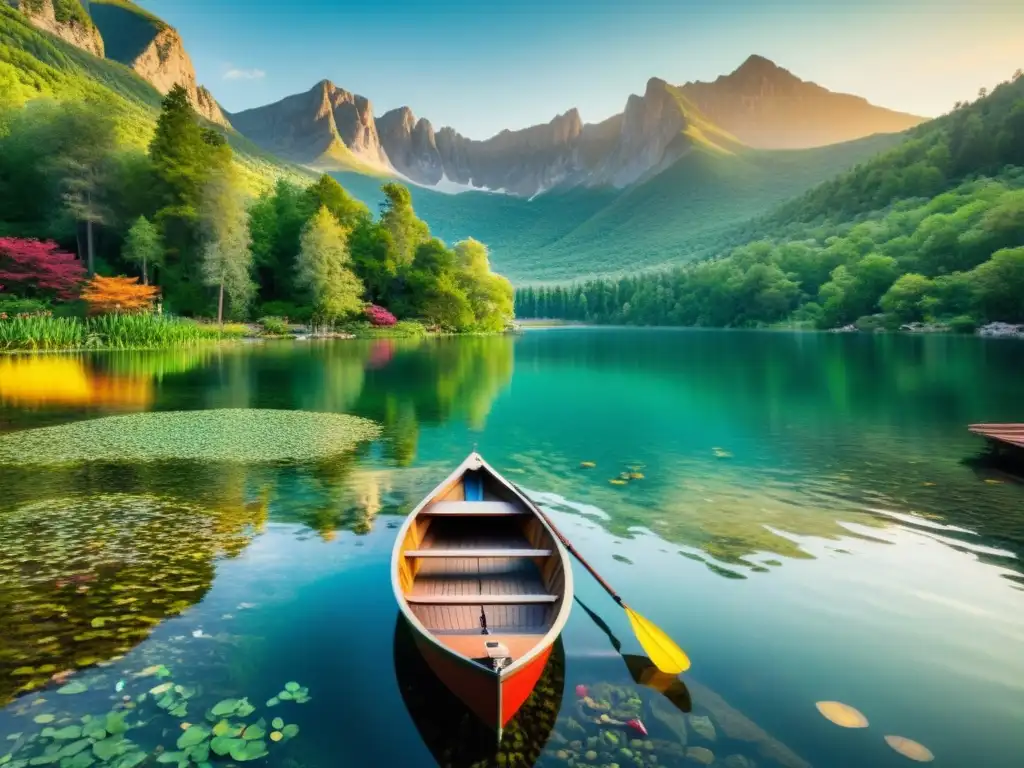 Imagen vintage de un lago sereno rodeado de árboles verdes y plantas acuáticas