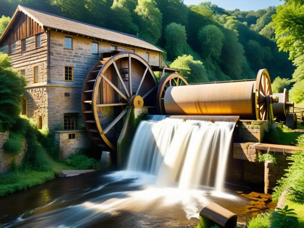 Imagen vintage de un molino de papel tradicional con ruedas de agua girando en un arroyo rodeado de vegetación exuberante