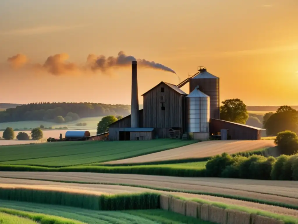 Imagen vintage de un molino de papel rústico en medio de campos agrícolas al atardecer, evocando la fabricación papel sostenible residuos agrícolas