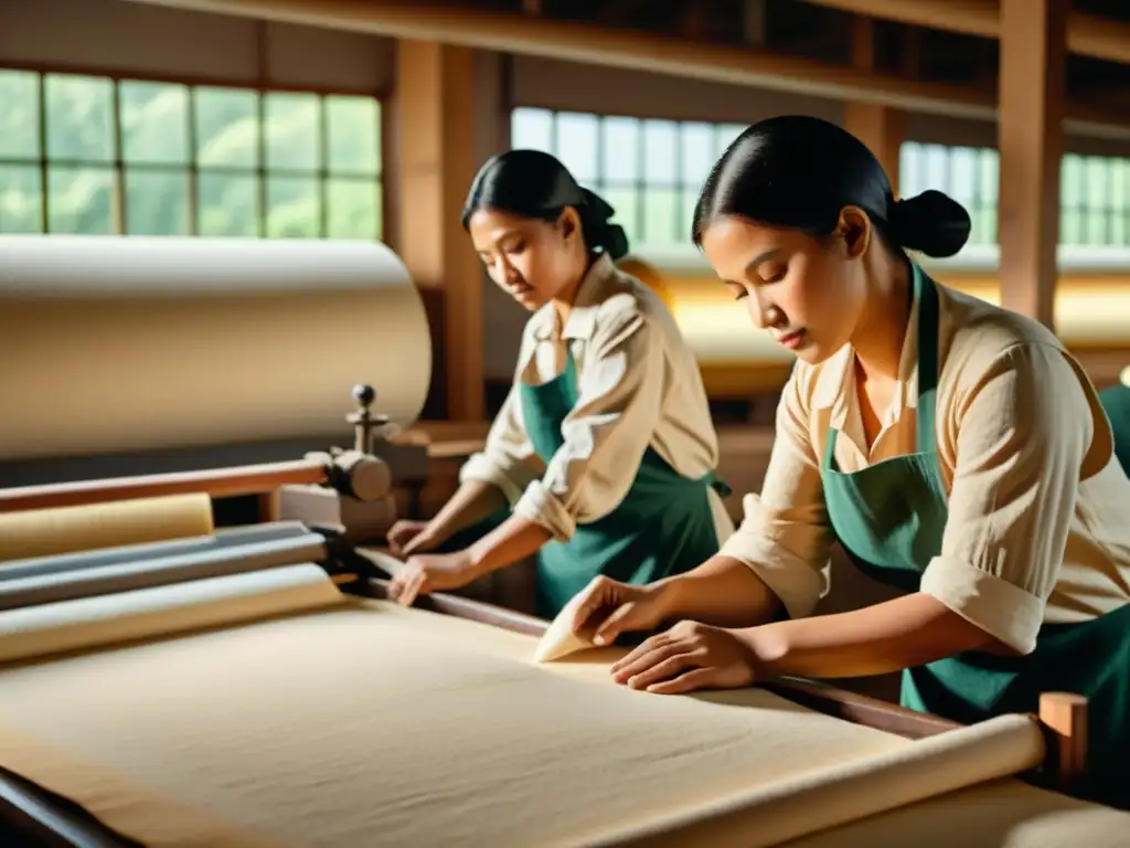 Imagen vintage de la fabricación de papel de lino sostenible, con trabajadores artesanales y métodos tradicionales