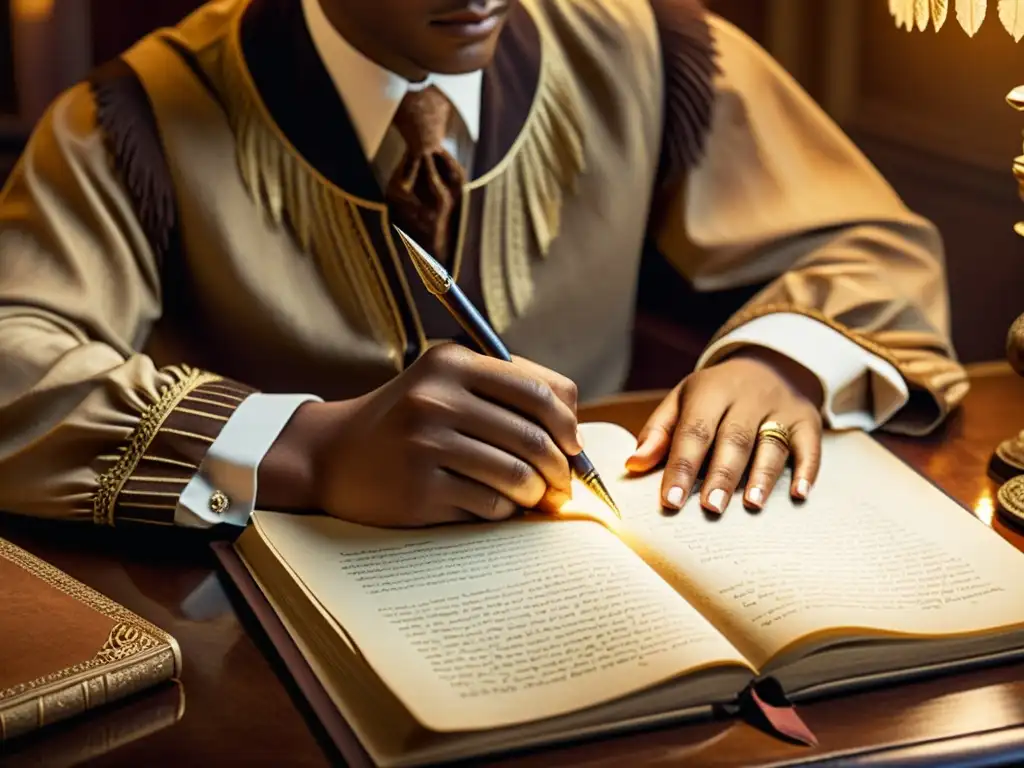 Imagen vintage de una persona escribiendo en un diario con pluma de ave