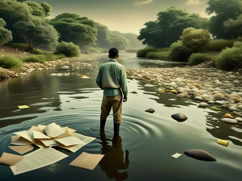 Imagen vintage de un río contaminado con desechos de papel flotando en la superficie y vida acuática luchando por sobrevivir