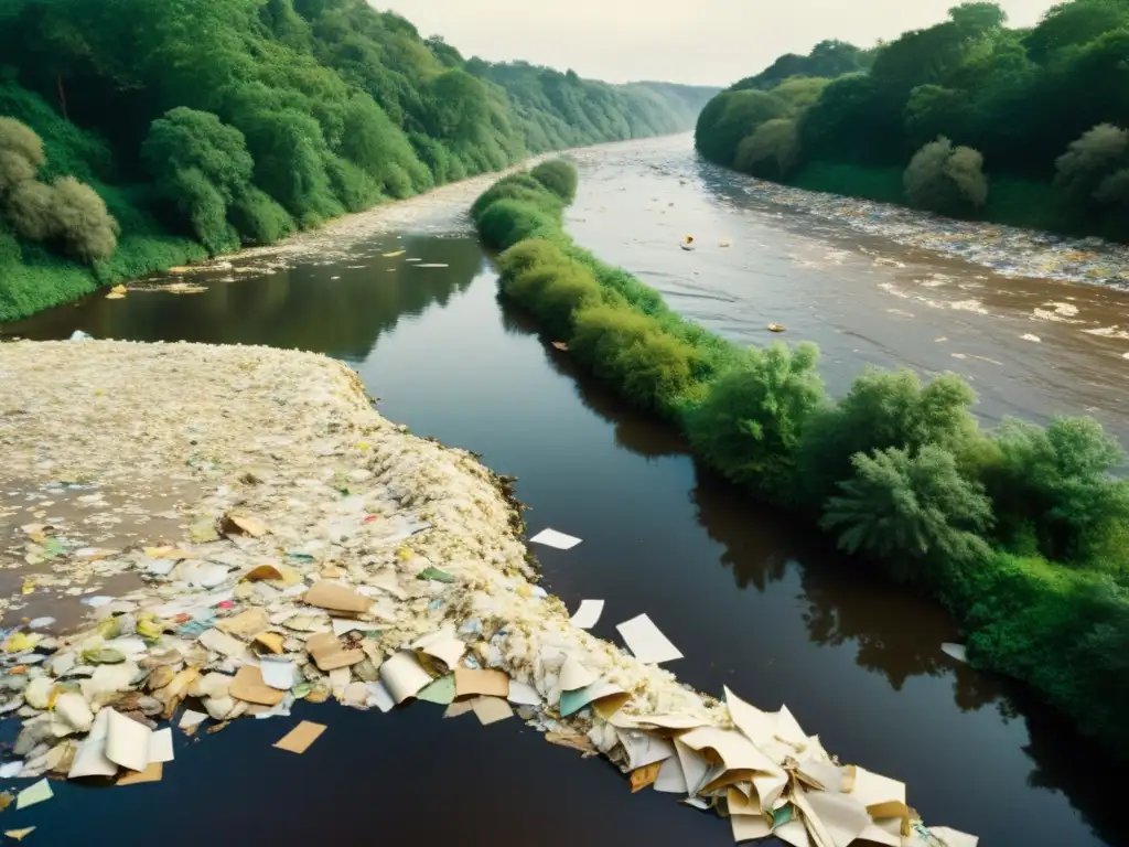 Imagen vintage de un río contaminado por desechos de papel, reflejando la impactante contaminación por celulosa en ríos