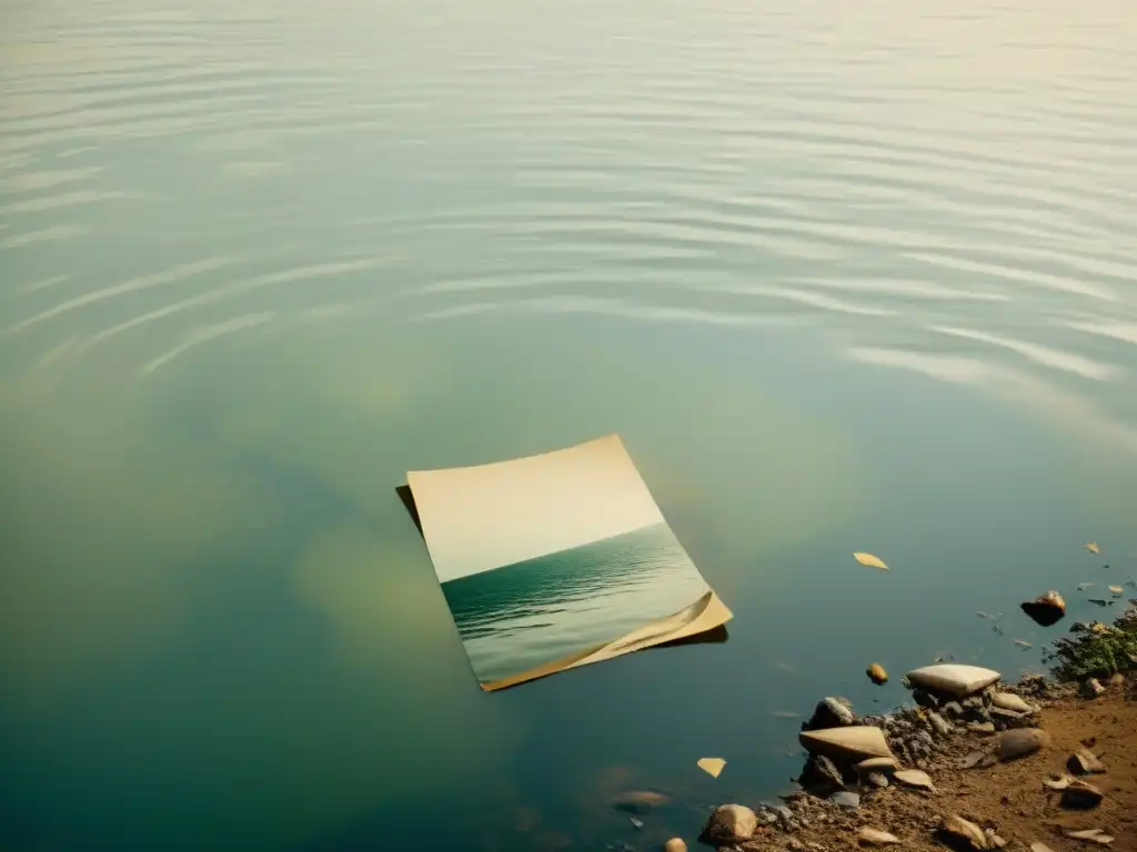 Imagen vintage de un río sereno con contaminación por celulosa, evocando preocupación y urgencia ambiental