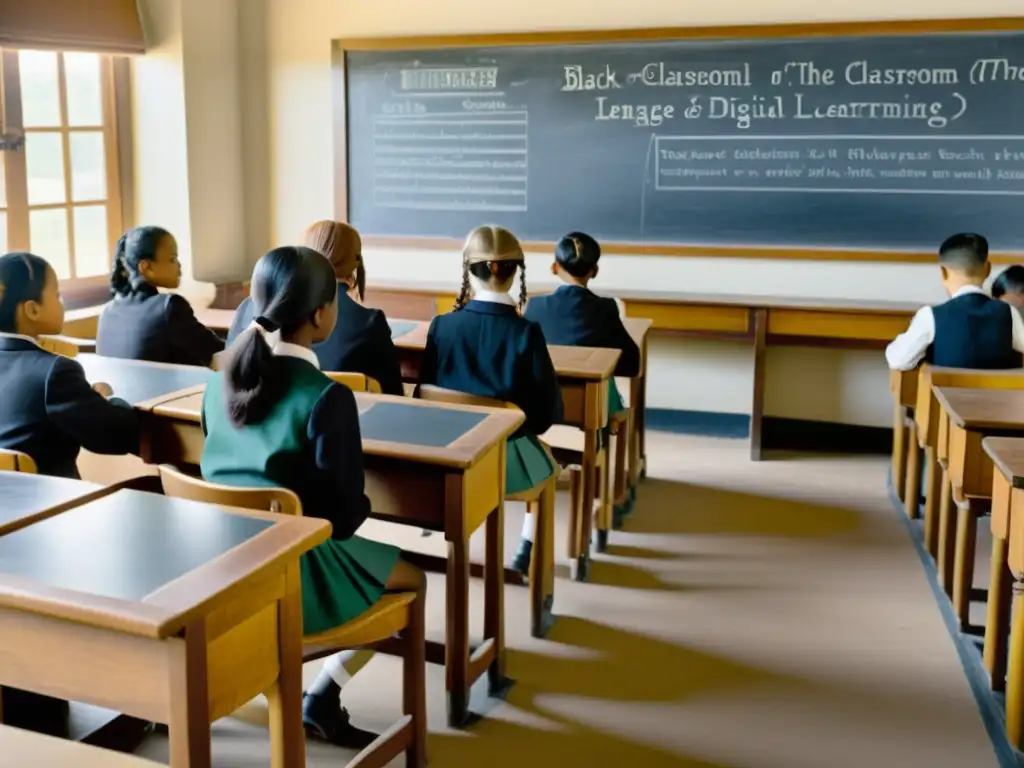 Imagen vintage de un salón de clases tradicional con pupitres de madera, pizarra y estudiantes