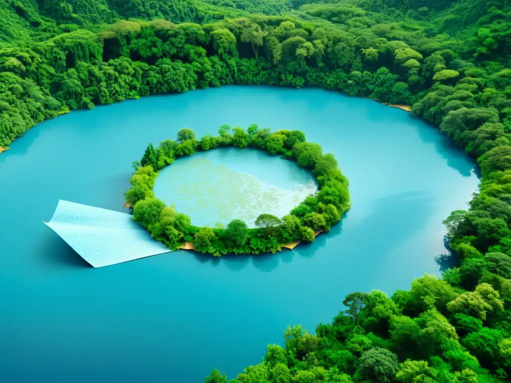 Un impactante contraste: un lago azul rodeado de exuberante vegetación y residuos de papel flotando