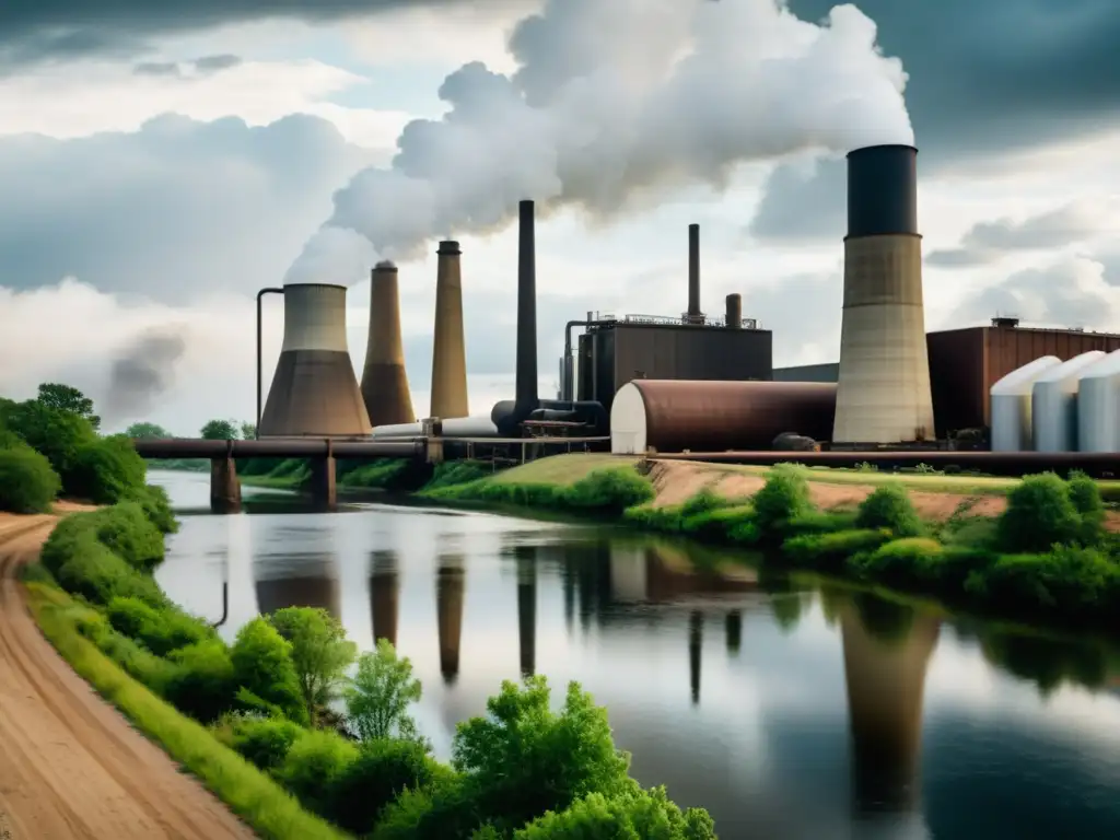 Contaminación industrial en fábrica de papel a orillas del río Impacto ambiental en la fabricación de papel: una antigua fábrica vierte agua contaminada en un río, con humo oscuro en el cielo