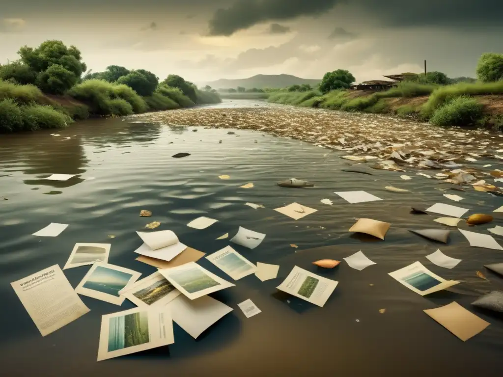 Impacto ambiental del papel: río contaminado con desechos y peces luchando en agua sucia y marrón