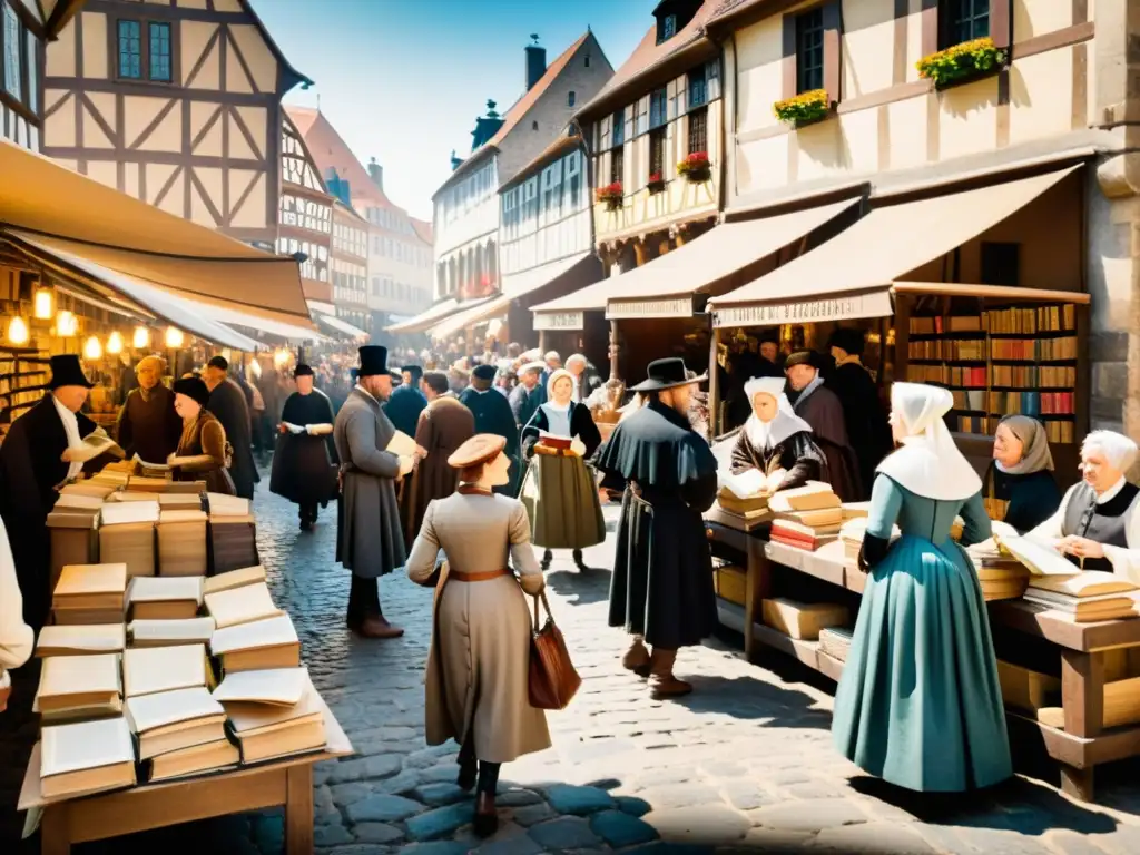 Mercado bullicioso del siglo XVI: intercambio cultural Impacto cultural del papel en Europa: Mercado bullicioso del siglo XVI con intercambio de libros y manuscritos