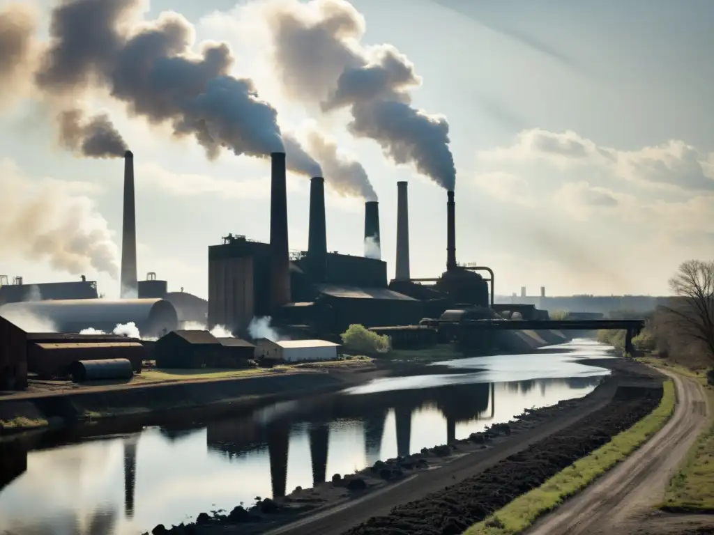 Imponente molino de papel industrial con humo denso y río contaminado