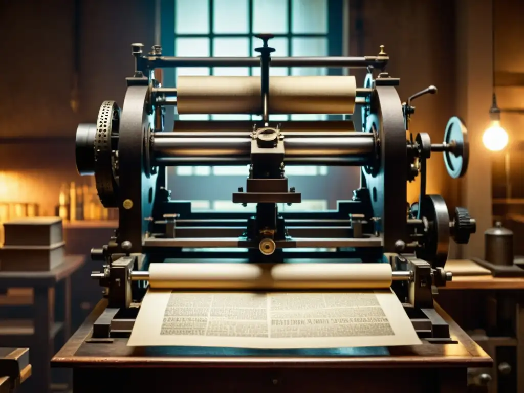 Una imponente prensa vintage en una habitación tenue, rodeada de papel y botellas de tinta, resaltando la evolución del papel en tecnología