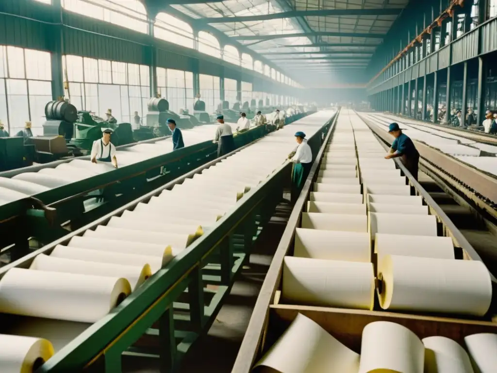 Importancia del reciclaje de papel en la era industrial: fábrica de reciclaje de papel en el siglo XX, trabajadores clasificando y procesando papel