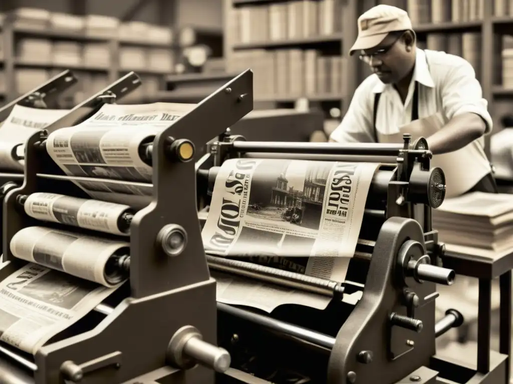 Una imprenta de periódicos vintage en acción, rodeada de trabajadores en atuendo clásico, evocando la nostalgia y el impacto de la prensa escrita