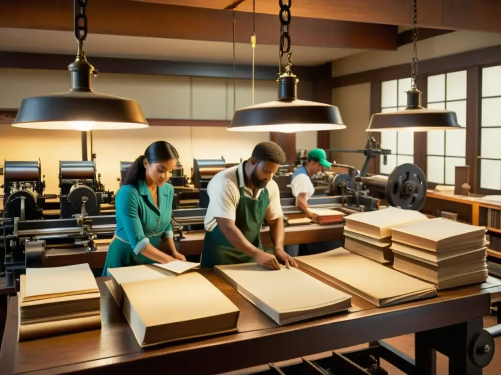 Una imprenta vintage con trabajadores ensamblando páginas en libros, exudando historia y artesanía