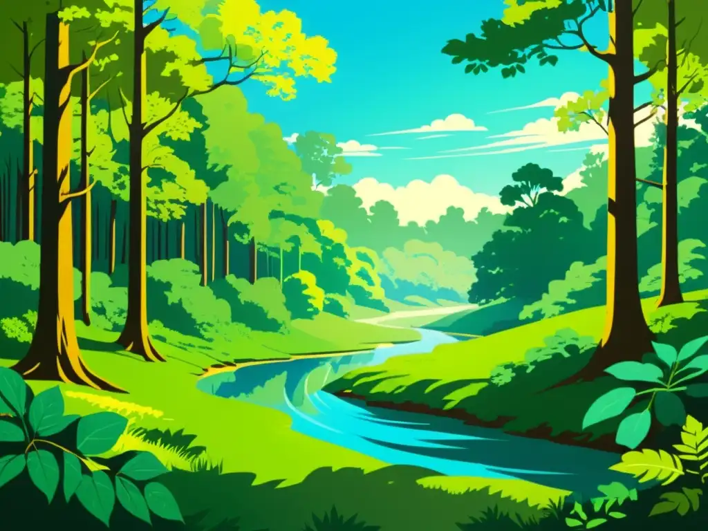 Un impresionante bosque verde con río, bajo un cielo azul