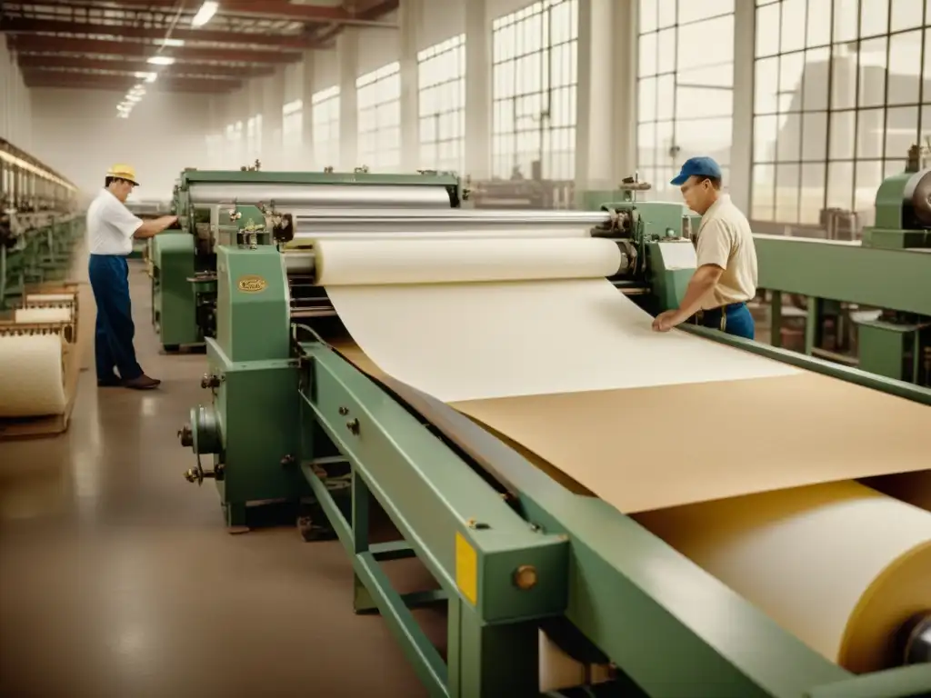 Una impresionante imagen de una planta de fabricación de papel vintage, con maquinaria detallada y trabajadores elaborando papel de algodón y celulosa