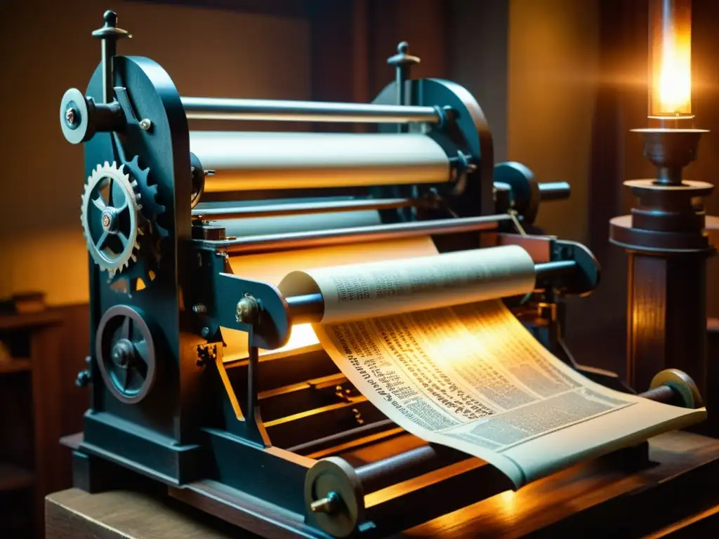 Antigua imprenta en acción durante la Reforma Protestante Una impresionante imagen vintage de una imprenta en acción, resaltando el impacto cultural del papel en Europa durante la Reforma Protestante