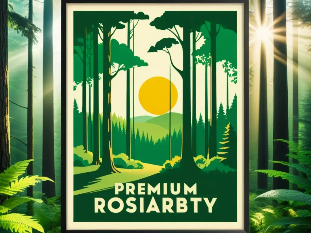 Un impresionante póster vintage de un bosque majestuoso con luz solar filtrándose a través de los árboles, promoviendo el uso de papel reciclado premium y la conservación ambiental