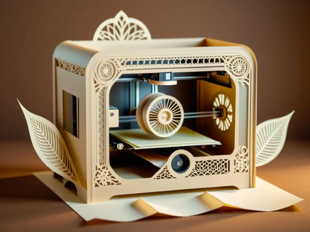 Una impresora 3D vintage crea intrincadas estructuras de encaje en papel, evocando la artesanía y la nostalgia del papel en la impresión 3D