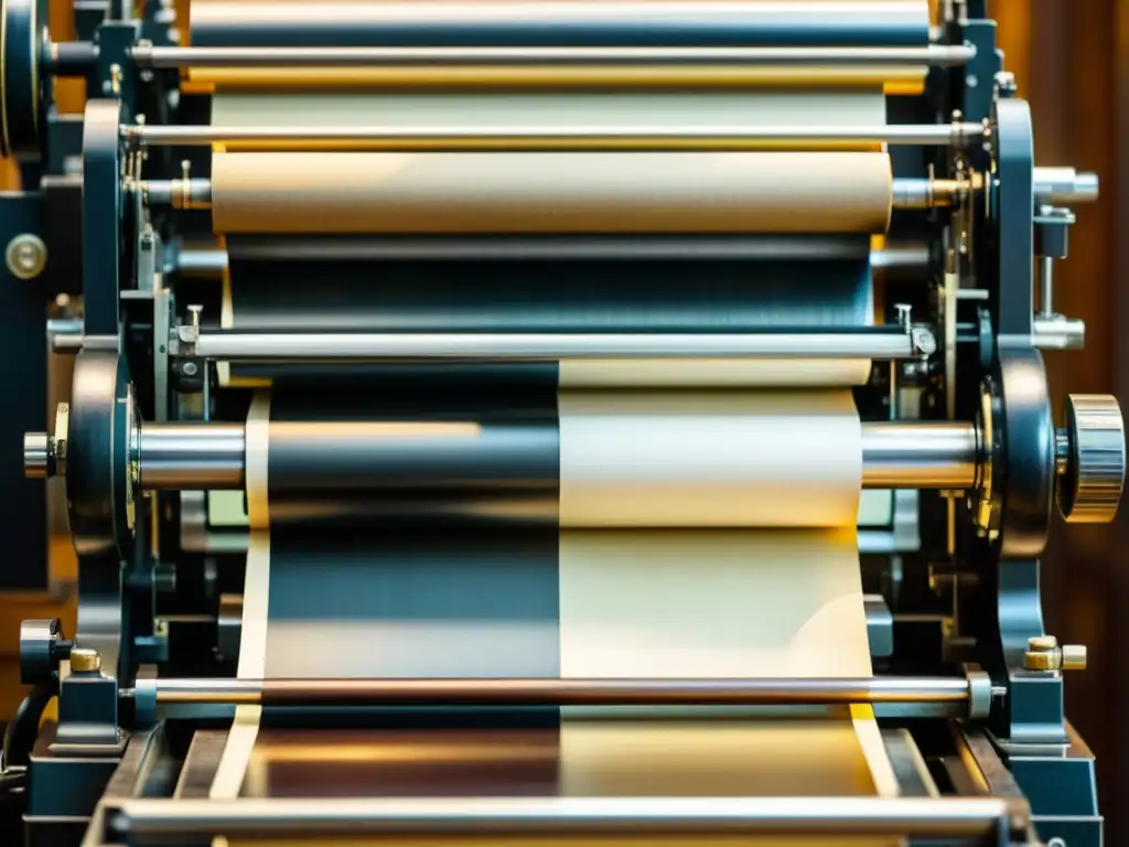 Una impresora vintage en acción, con ricos tonos cálidos y detalles intrincados