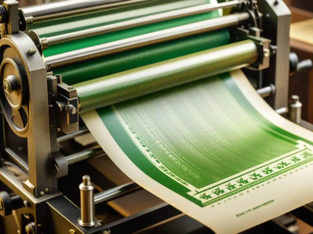 Antigua prensa de impresión en acción: tinta verde vibrante sobre papel Una impresora vintage en acción, con tinta verde vibrante siendo prensada sobre papel, evocando historia y artesanía con tonos sepia cálidos