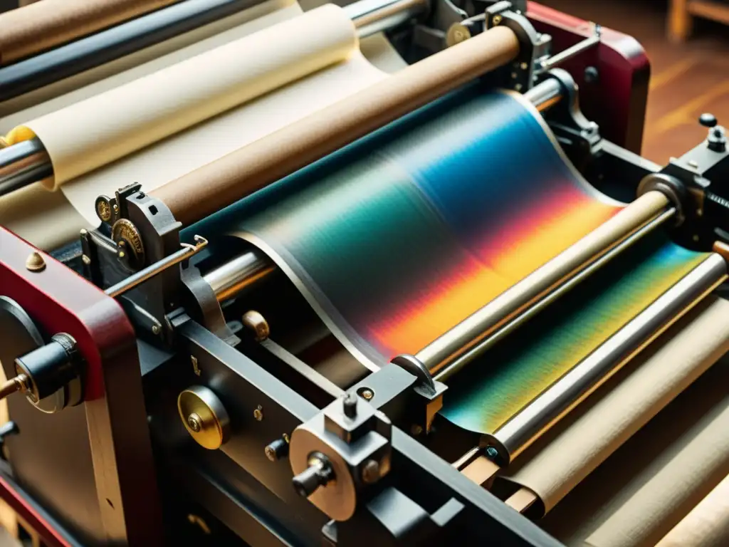 Impresora vintage en acción: tradición, calidad y sostenibilidad Una impresora vintage en acción, con tintas ecológicas certificadas, destacando la artesanía y sostenibilidad en la industria del papel