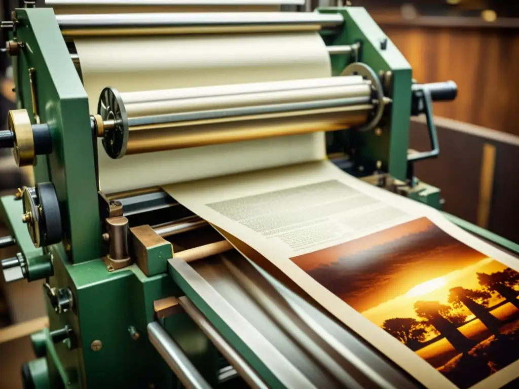 Una impresora vintage en acción, con tonos cálidos y ricos, resaltando la artesanía tradicional y la belleza atemporal del proceso de impresión