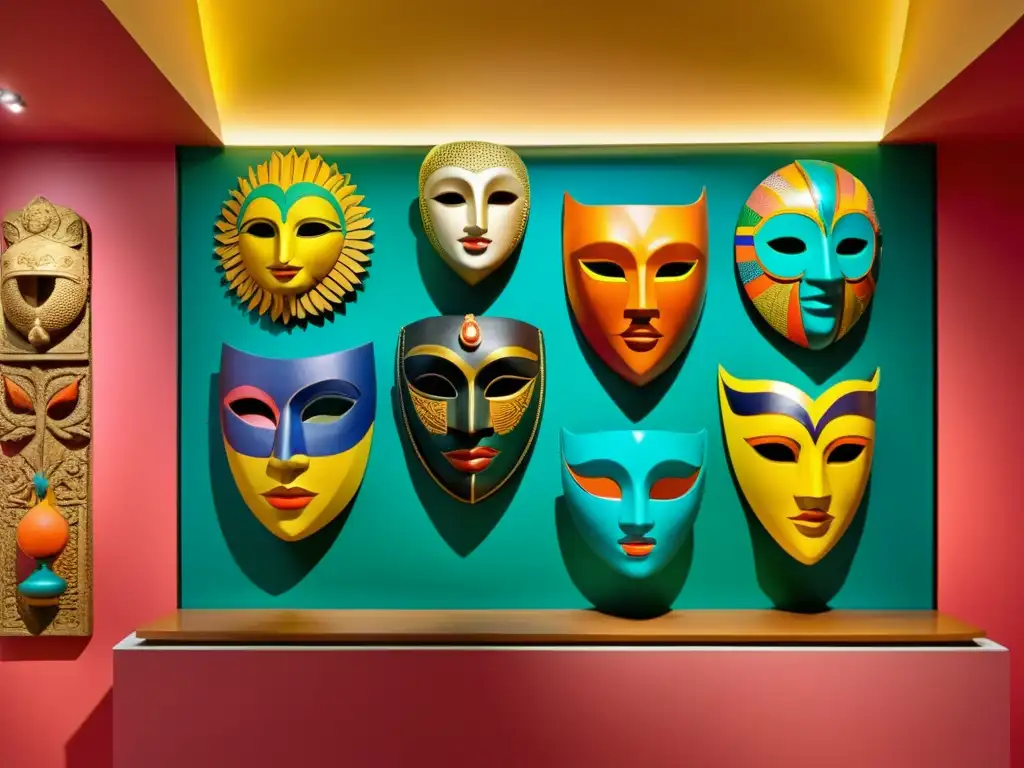 Instalación de arte moderno en papel maché técnica, esculturas y máscaras coloridas y detalladas en galería vintage