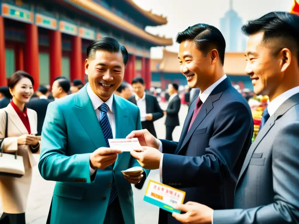 Un intercambio de tarjetas de visita en un mercado chino, fusionando tradición y modernidad