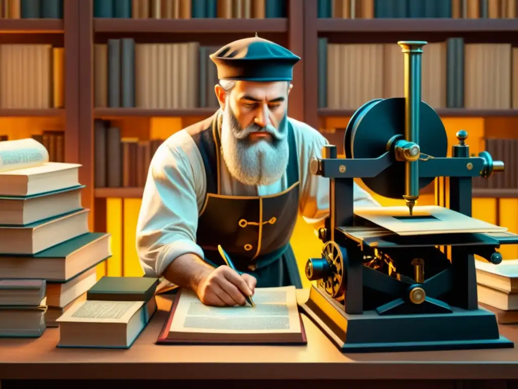 Johannes Gutenberg operando su prensa de imprenta rodeado de libros impresos y manuscritos antiguos, bañado en cálida luz dorada