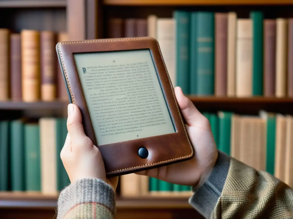 Un lector de libros electrónicos vintage con pantalla de papel electrónico tecnología moderna, en manos de un lector en una acogedora biblioteca