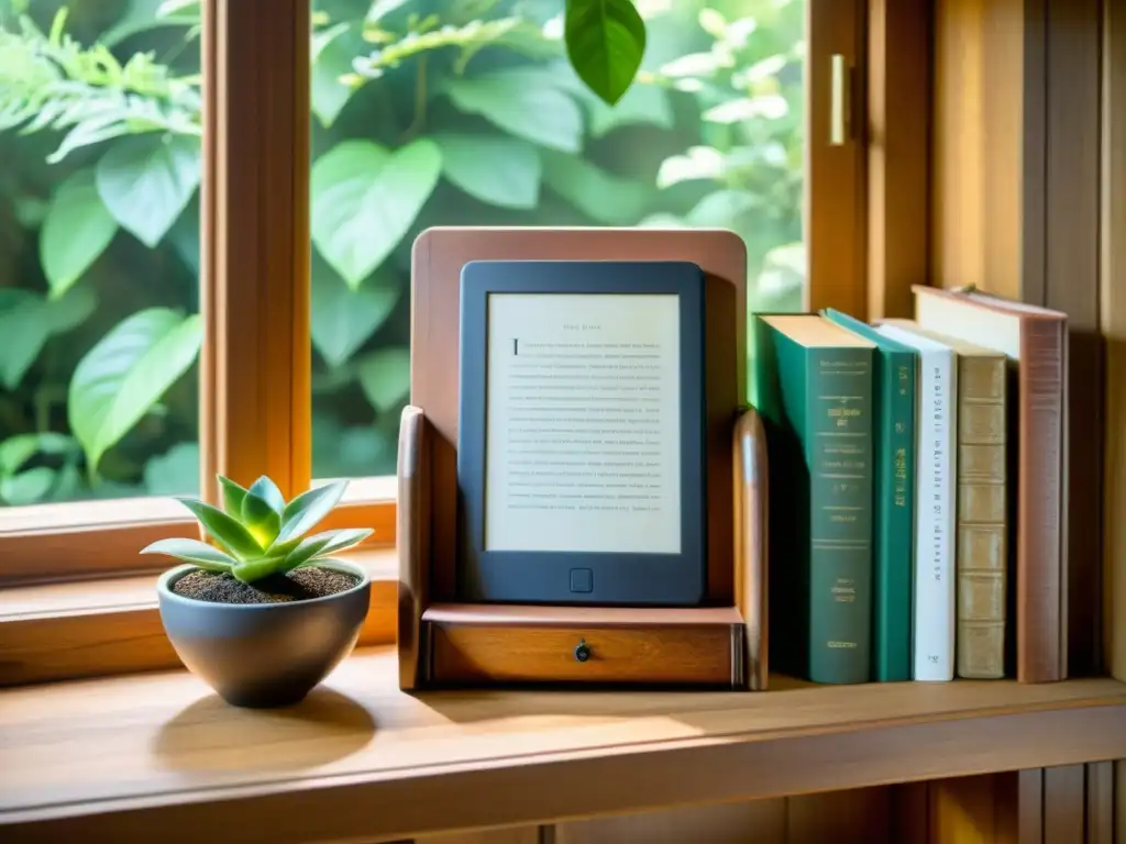 Librero de madera antiguo con libros desgastados y ereaders, entre vegetación, evocando nostalgia y el impacto ambiental de la lectura digital