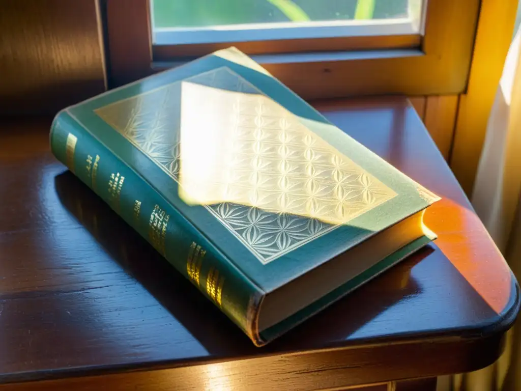 Un libro antiguo de páginas amarillentas y desgastadas descansa sobre una mesa de madera, bañado por la cálida luz de la tarde