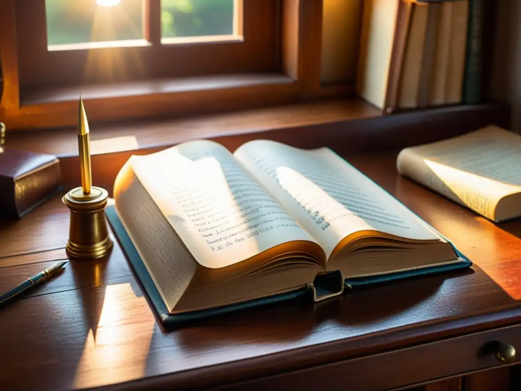 Un libro de cuero desgastado en un escritorio de madera, bañado por la cálida luz del sol