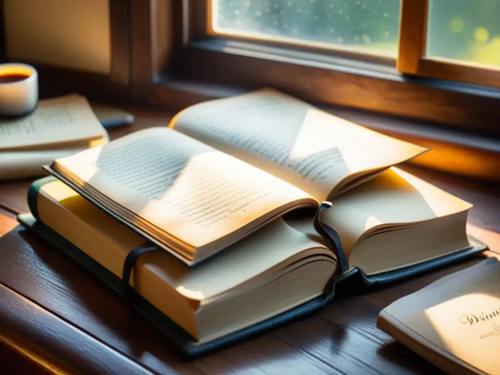 Un libro de cuero desgastado sobre un escritorio de madera, con luz suave