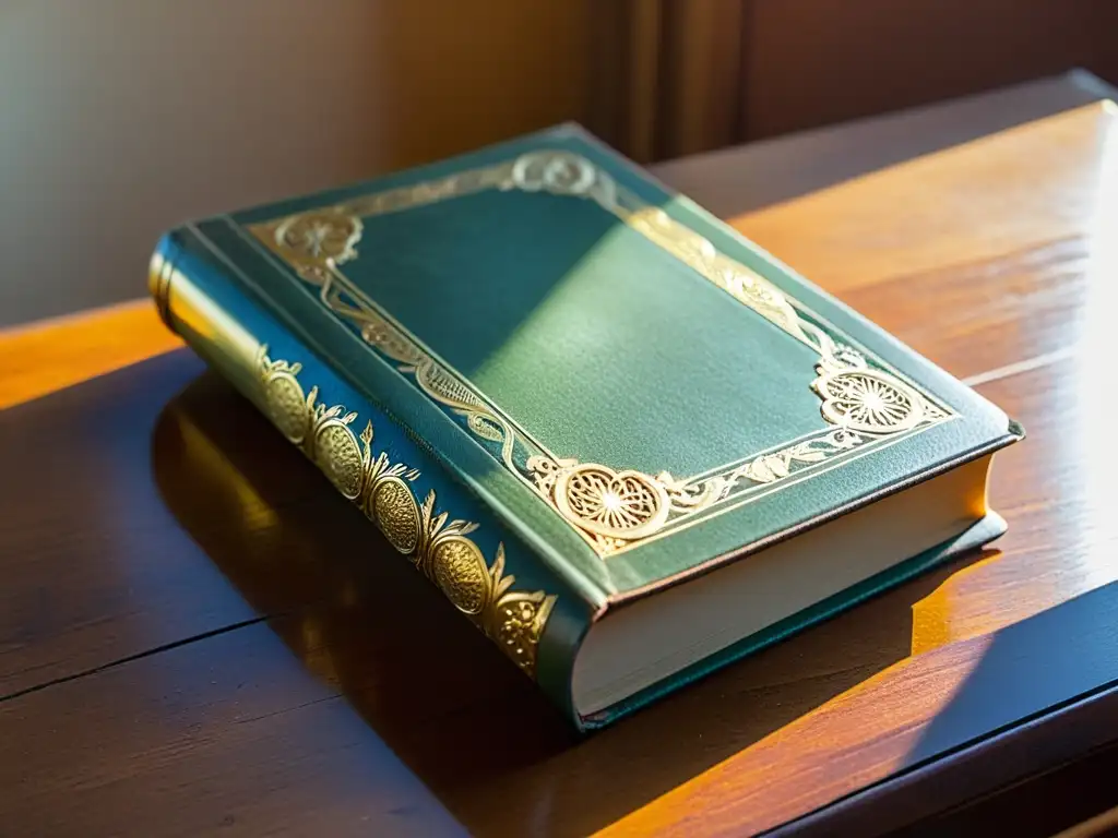 Una fotografía vintage de un libro de cuero desgastado y querido sobre una mesa de madera, bañado por la cálida luz del sol que entra por la ventana