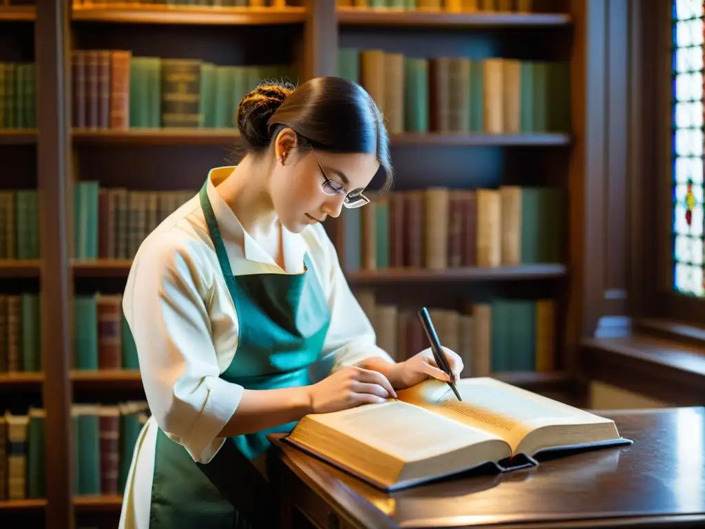 Preservación de libros de papel en taller de restauración de libros antiguos con luz cálida y ambiente reverente