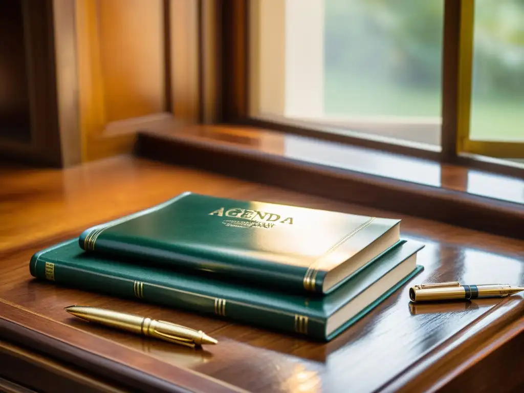 Una lujosa agenda vintage abierta sobre un escritorio de madera, con una pluma estilográfica encima