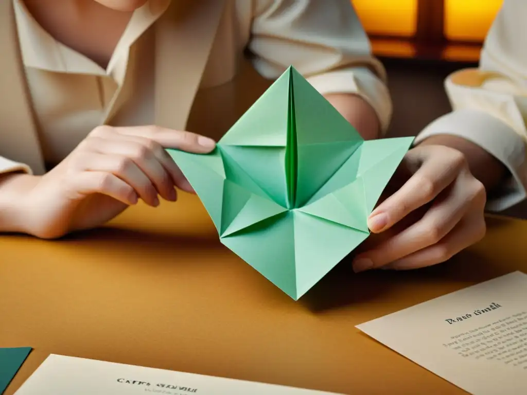 Un maestro artesano plegando con destreza una delicada pieza de papel para crear una escultura de origami