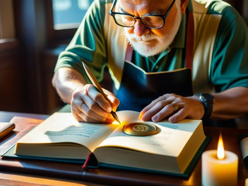 Un maestro encuadernador estampa un sello en una edición limitada de libros, con luz cálida