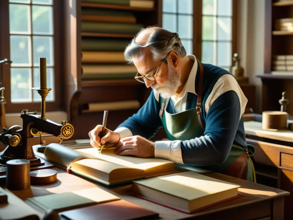 Un maestro encuadernador trabaja meticulosamente en un taller de encuadernación artística de papel, rodeado de herramientas antiguas y telas coloridas